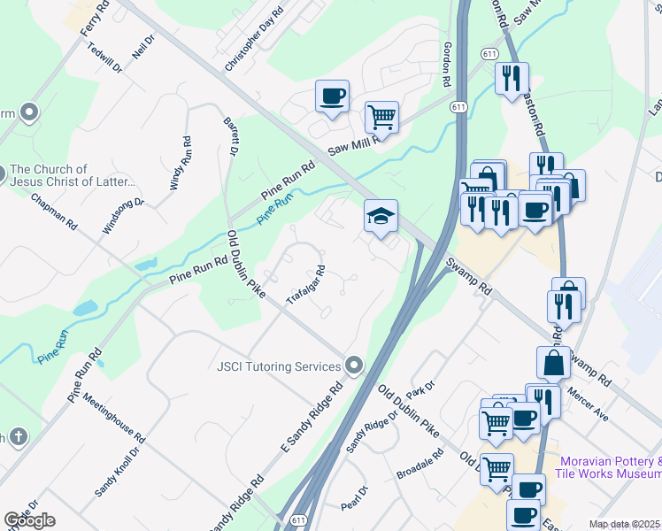 map of restaurants, bars, coffee shops, grocery stores, and more near 102 Bishops Gate Lane in Doylestown
