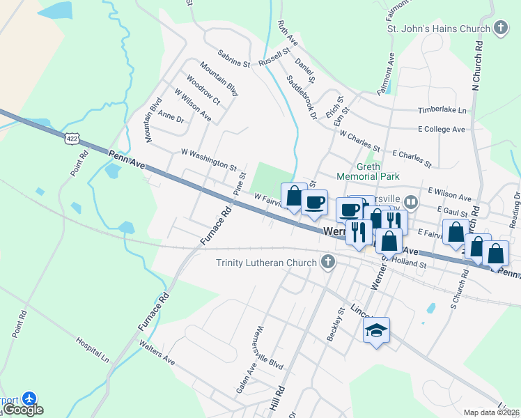 map of restaurants, bars, coffee shops, grocery stores, and more near 311 West Penn Avenue in Wernersville