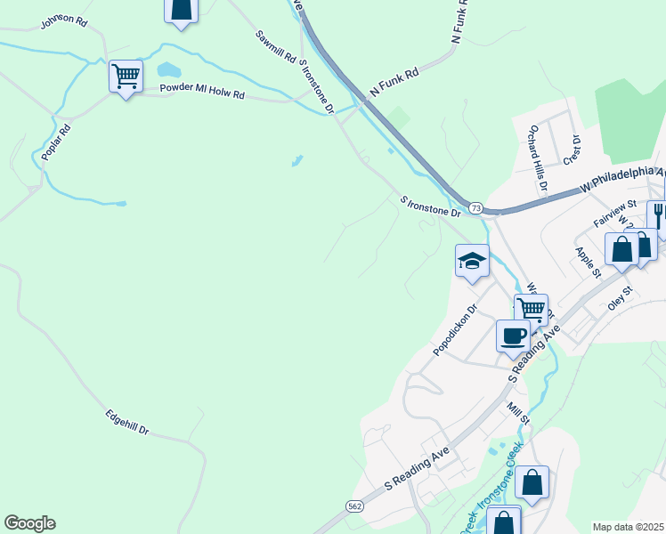 map of restaurants, bars, coffee shops, grocery stores, and more near 133 Pheasant Run Road in Boyertown