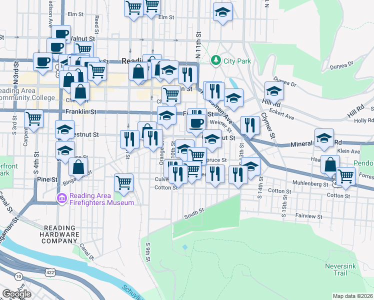 map of restaurants, bars, coffee shops, grocery stores, and more near 300 South 11th Street in Reading
