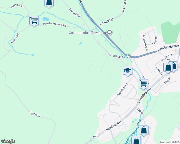 map of restaurants, bars, coffee shops, grocery stores, and more near 143 Pheasant Run Road in Boyertown