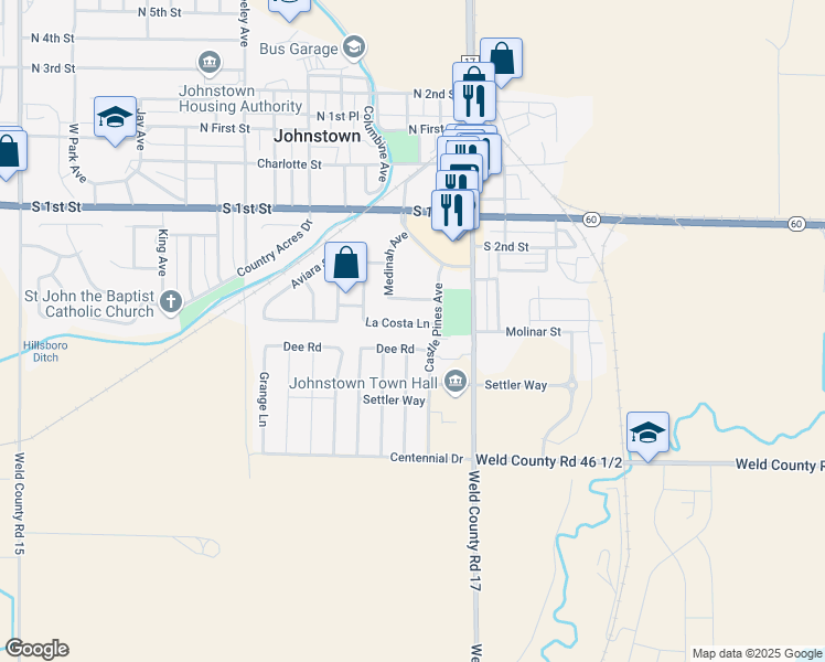 map of restaurants, bars, coffee shops, grocery stores, and more near 442 La Costa Lane in Johnstown