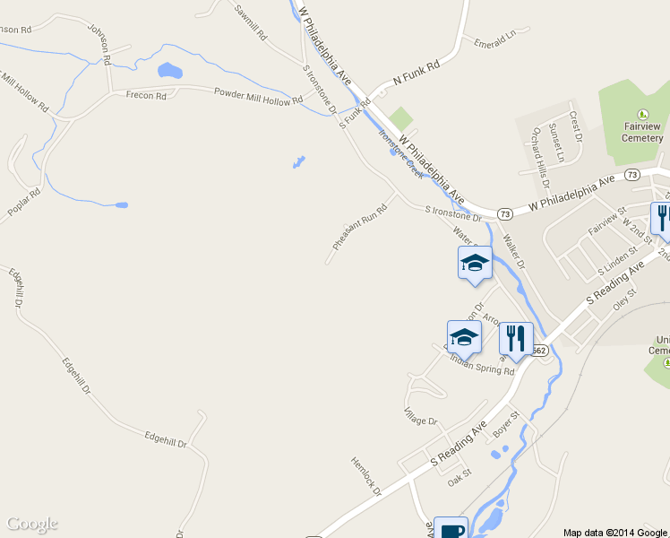 map of restaurants, bars, coffee shops, grocery stores, and more near 133 Pheasant Run Road in Boyertown