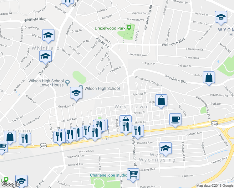 map of restaurants, bars, coffee shops, grocery stores, and more near 2339 Fairview Street in Reading