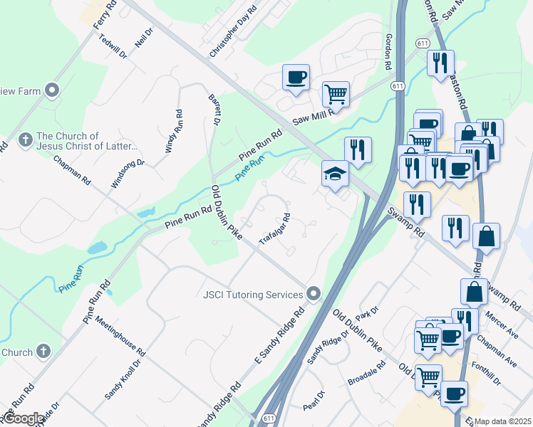 map of restaurants, bars, coffee shops, grocery stores, and more near 236 Gatehouse Circle in Doylestown