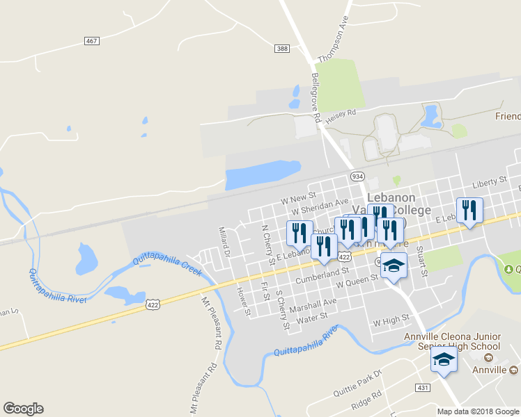map of restaurants, bars, coffee shops, grocery stores, and more near 225 North Cherry Street in Annville