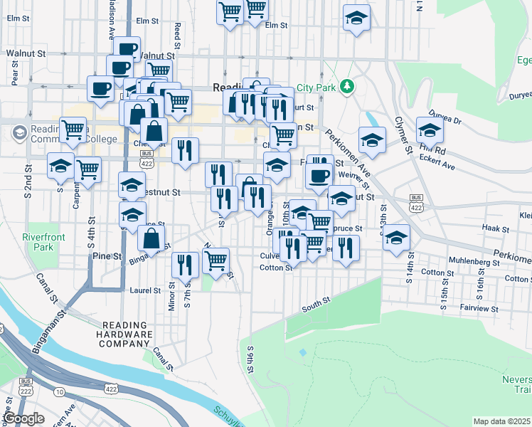 map of restaurants, bars, coffee shops, grocery stores, and more near 234 Orange Street in Reading