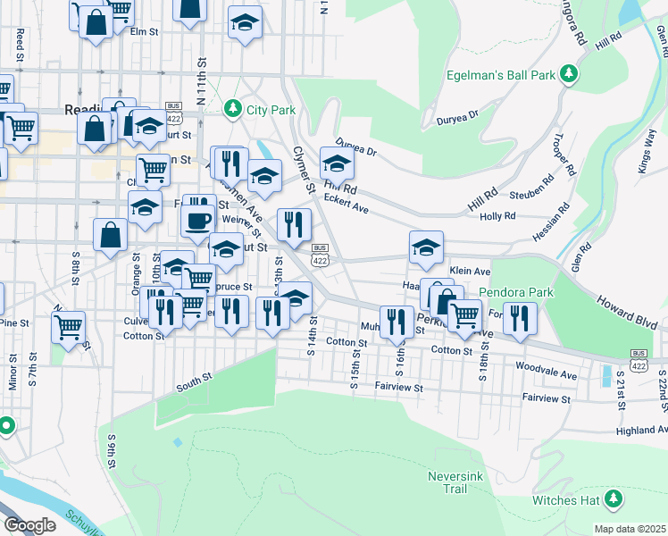 map of restaurants, bars, coffee shops, grocery stores, and more near 1436 Spruce Street in Reading