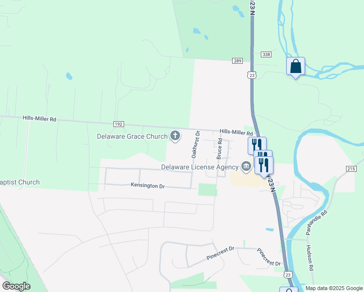 map of restaurants, bars, coffee shops, grocery stores, and more near 2233 Oakhurst Drive in Delaware