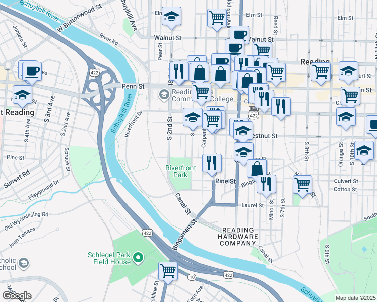 map of restaurants, bars, coffee shops, grocery stores, and more near 301 South 3rd Street in Reading