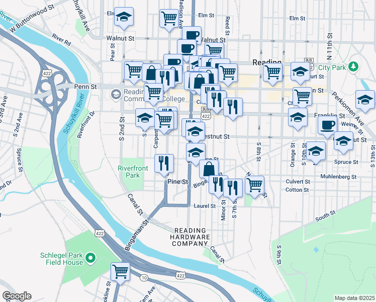 map of restaurants, bars, coffee shops, grocery stores, and more near 234 South 5th Street in Reading