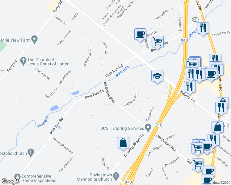 map of restaurants, bars, coffee shops, grocery stores, and more near 11 Kings Cross Circle in Doylestown