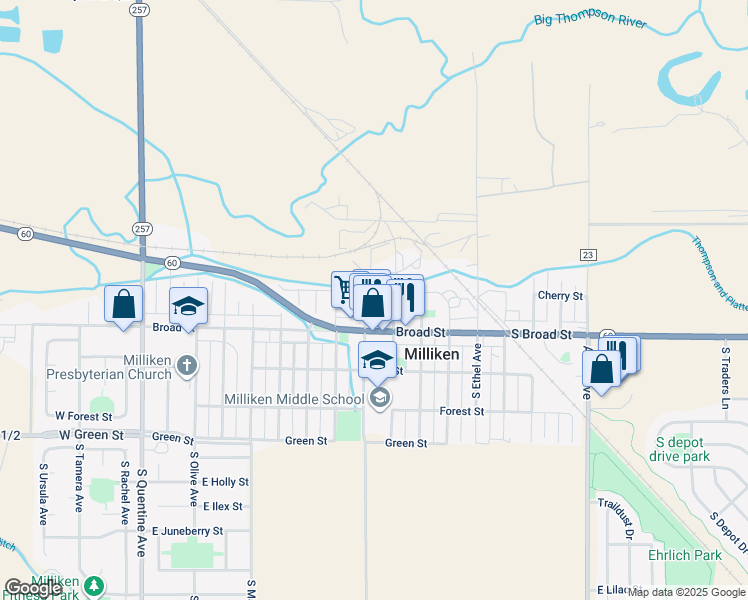 map of restaurants, bars, coffee shops, grocery stores, and more near in Milliken