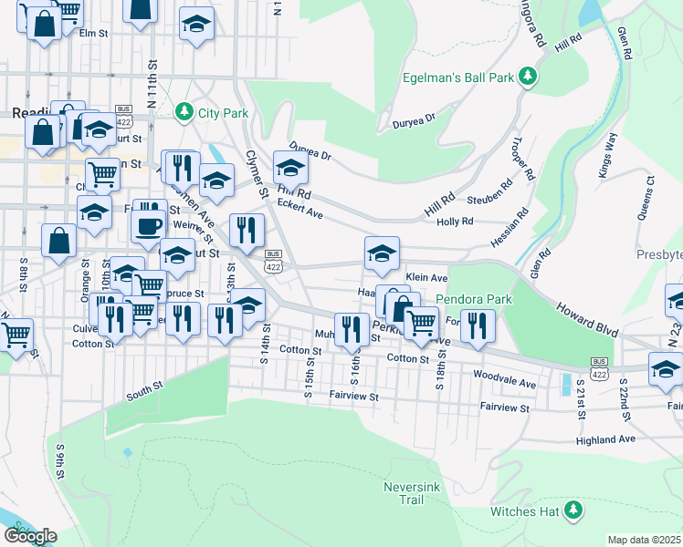map of restaurants, bars, coffee shops, grocery stores, and more near 1534 Haak Street in Reading
