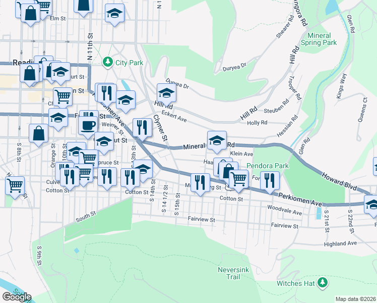 map of restaurants, bars, coffee shops, grocery stores, and more near 1534 Haak Street in Reading