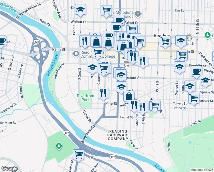 map of restaurants, bars, coffee shops, grocery stores, and more near 305 South 4th Street in Reading