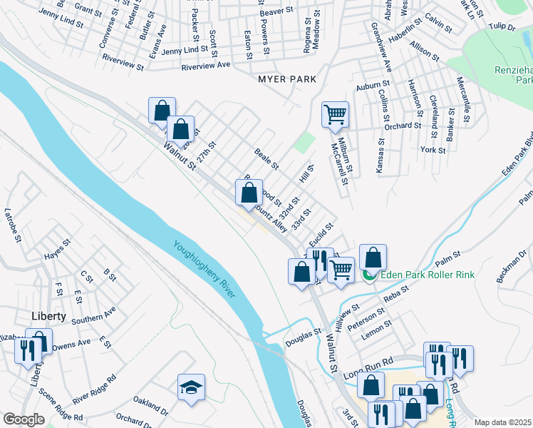 map of restaurants, bars, coffee shops, grocery stores, and more near 3020 Walnut Street in McKeesport