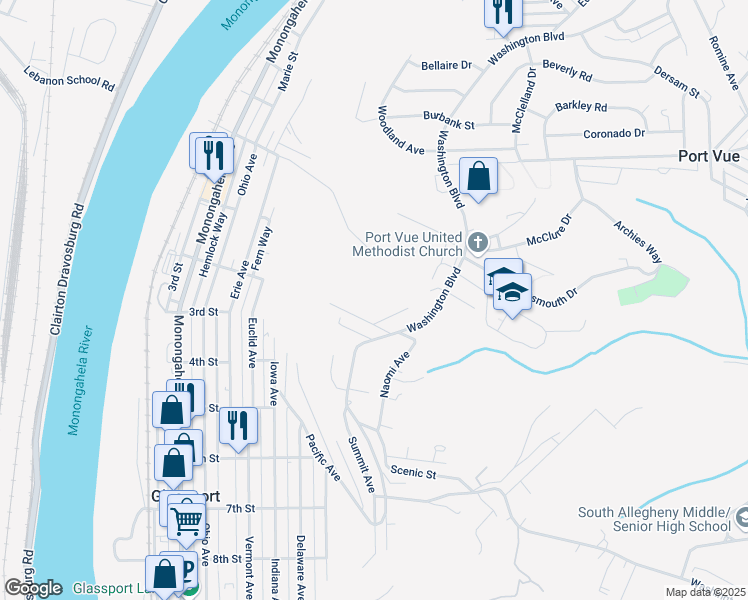 map of restaurants, bars, coffee shops, grocery stores, and more near 1908 Ola Avenue in Glassport