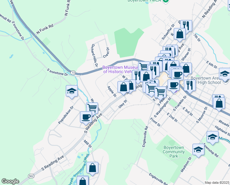 map of restaurants, bars, coffee shops, grocery stores, and more near 11 Apple Street in Boyertown