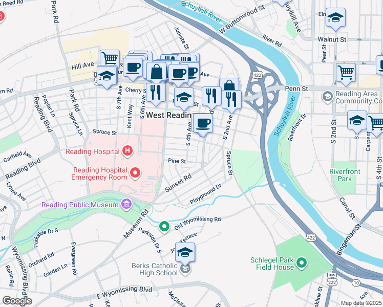 map of restaurants, bars, coffee shops, grocery stores, and more near 394 Oak Terrace in Reading