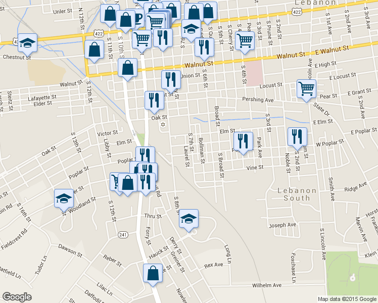 map of restaurants, bars, coffee shops, grocery stores, and more near 533 South 7th Street in Lebanon