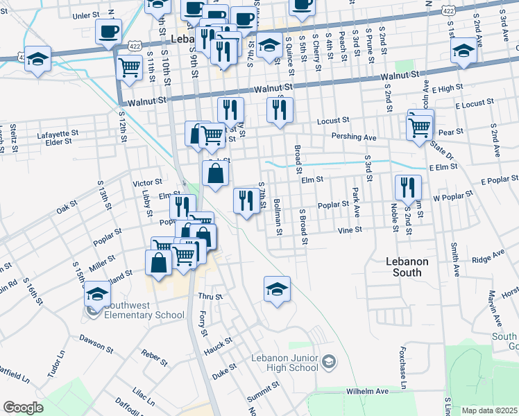 map of restaurants, bars, coffee shops, grocery stores, and more near 533 South 7th Street in Lebanon