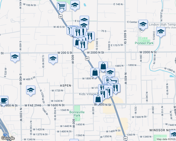 map of restaurants, bars, coffee shops, grocery stores, and more near 686 West 1870 North in Orem