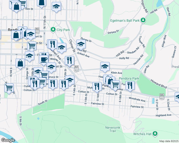 map of restaurants, bars, coffee shops, grocery stores, and more near 1528 Mineral Spring Road in Reading