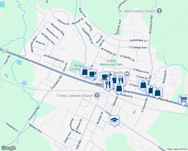 map of restaurants, bars, coffee shops, grocery stores, and more near 30 Elm View Court in Wernersville