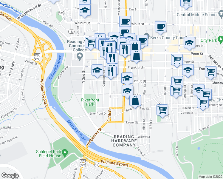 map of restaurants, bars, coffee shops, grocery stores, and more near 231 South 4th Street in Reading