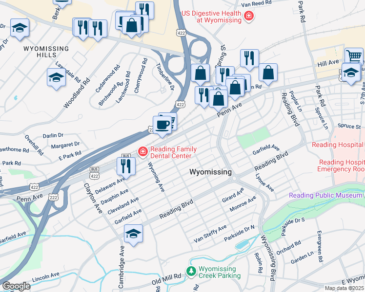 map of restaurants, bars, coffee shops, grocery stores, and more near 1313 Delaware Avenue in Wyomissing