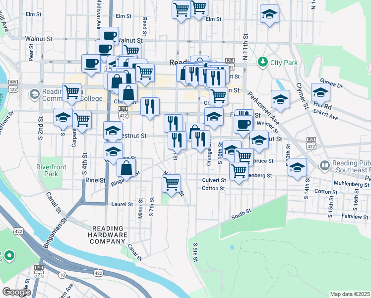 map of restaurants, bars, coffee shops, grocery stores, and more near 829 Bingaman Street in Reading