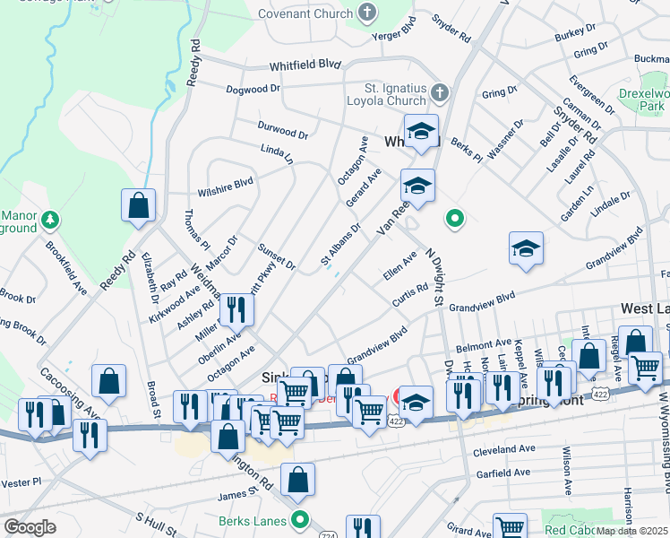 map of restaurants, bars, coffee shops, grocery stores, and more near 3035 Van Reed Road in Sinking Spring