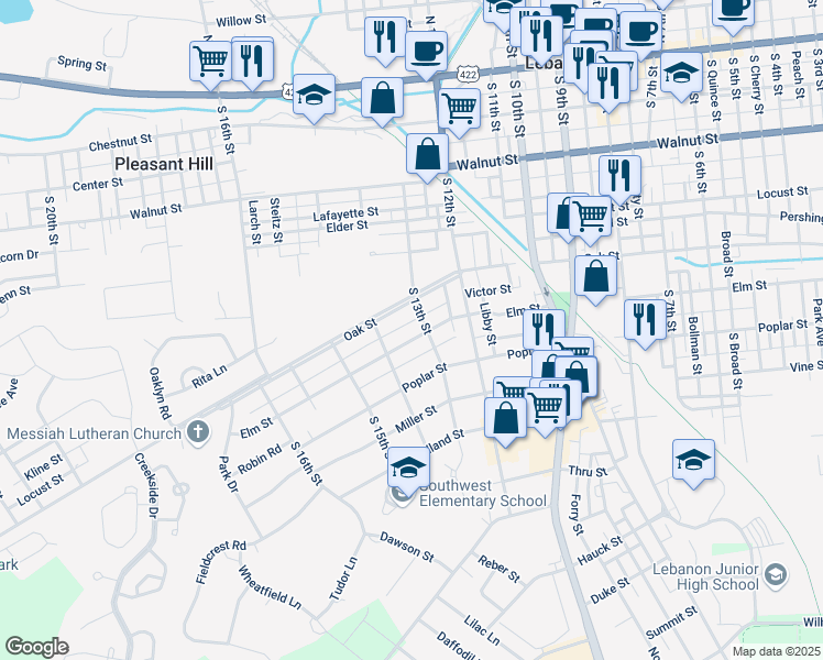 map of restaurants, bars, coffee shops, grocery stores, and more near 1309 Elm Street in Lebanon