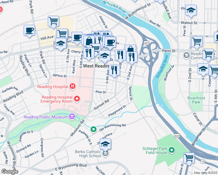 map of restaurants, bars, coffee shops, grocery stores, and more near 394 Oak Terrace in Reading