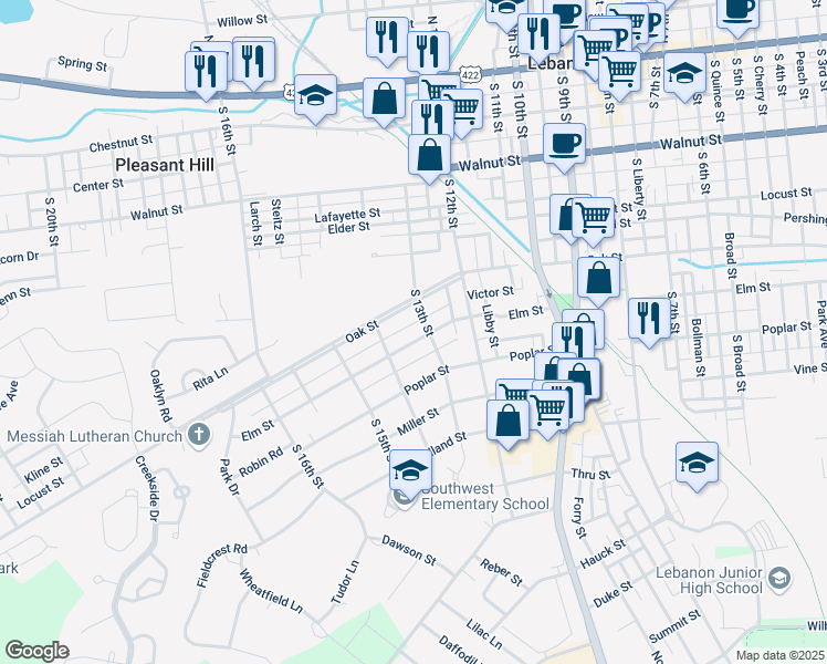 map of restaurants, bars, coffee shops, grocery stores, and more near 1309 Elm Street in Lebanon
