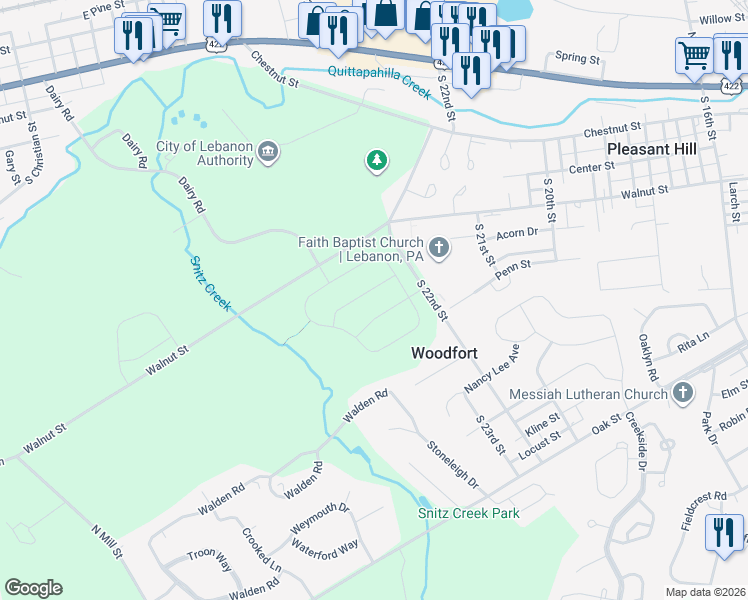map of restaurants, bars, coffee shops, grocery stores, and more near 210 South 22nd Street in Lebanon