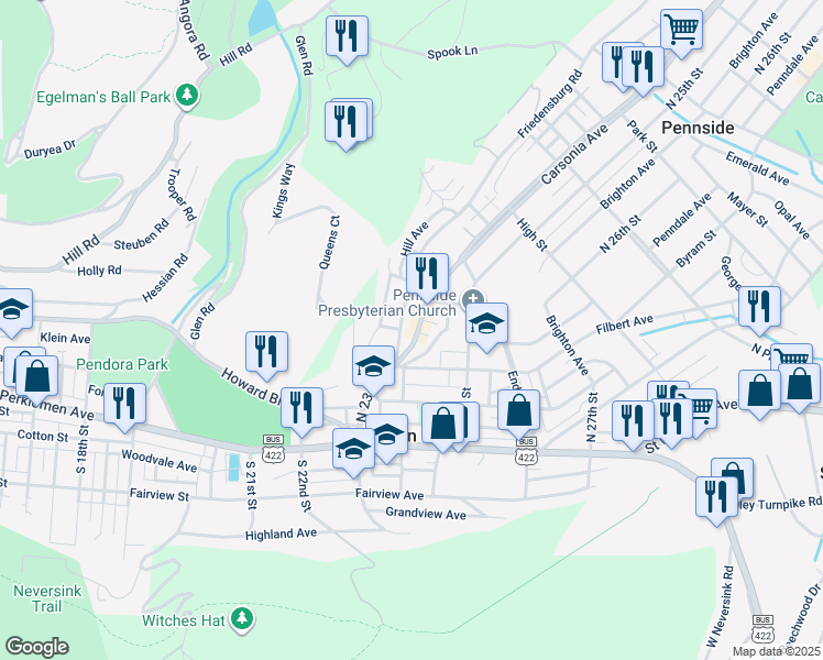map of restaurants, bars, coffee shops, grocery stores, and more near 236 Carsonia Avenue in Mount Penn