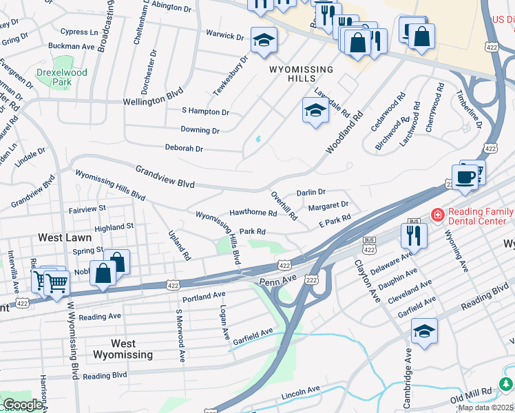 map of restaurants, bars, coffee shops, grocery stores, and more near 52 Grandview Boulevard in Reading