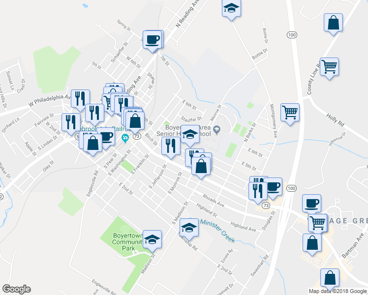 map of restaurants, bars, coffee shops, grocery stores, and more near 415 East 4th Street in Boyertown