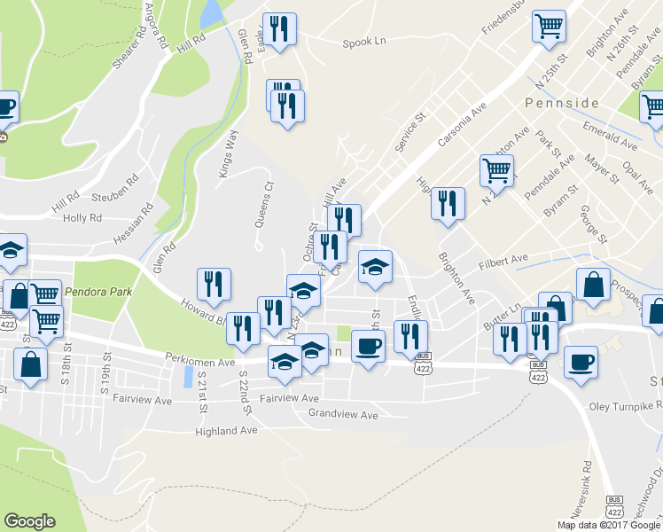 map of restaurants, bars, coffee shops, grocery stores, and more near 236 Carsonia Avenue in Mount Penn