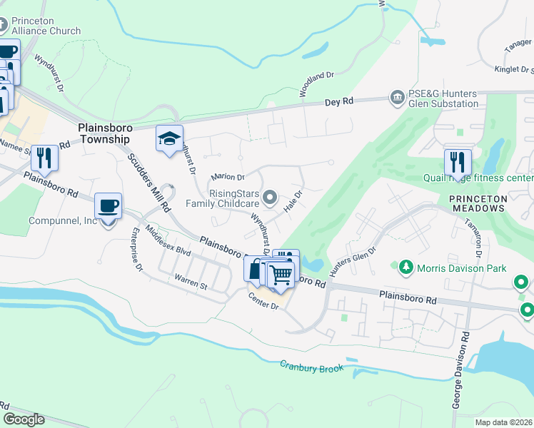 map of restaurants, bars, coffee shops, grocery stores, and more near 41 Knox Court in Princeton Meadows