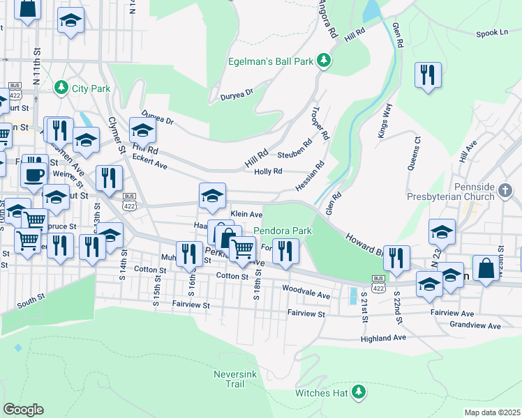 map of restaurants, bars, coffee shops, grocery stores, and more near 1709 Mineral Spring Road in Reading