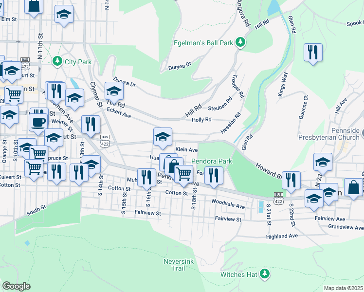 map of restaurants, bars, coffee shops, grocery stores, and more near 1709 Mineral Spring Road in Reading