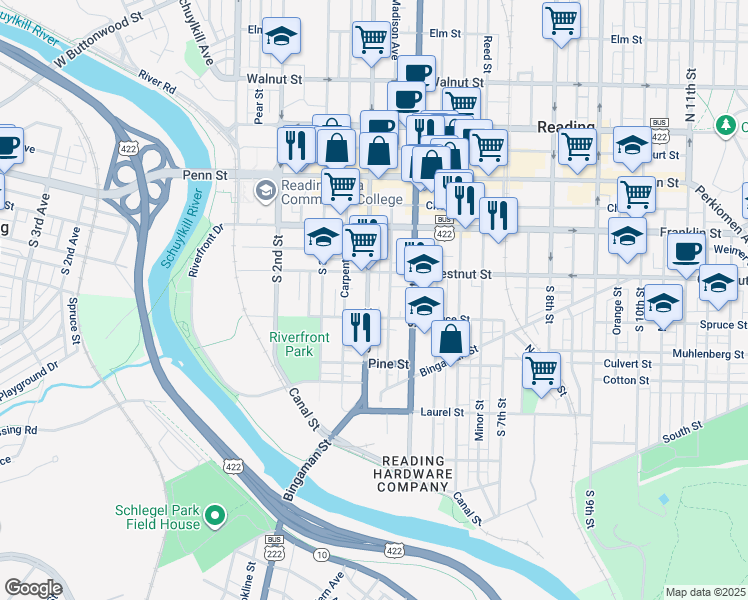 map of restaurants, bars, coffee shops, grocery stores, and more near 222 South 4th Street in Reading