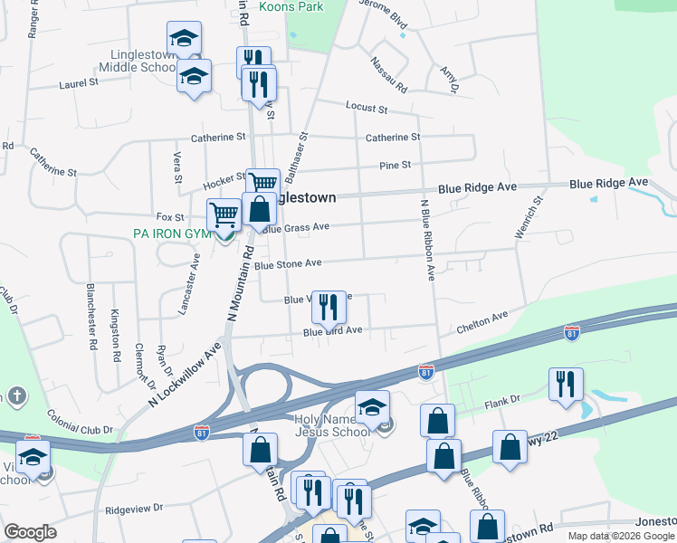 map of restaurants, bars, coffee shops, grocery stores, and more near 6128 Blue Stone Avenue in Harrisburg