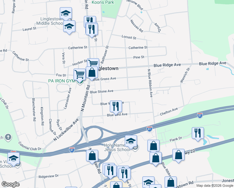 map of restaurants, bars, coffee shops, grocery stores, and more near 6114 Blue Stone Avenue in Harrisburg