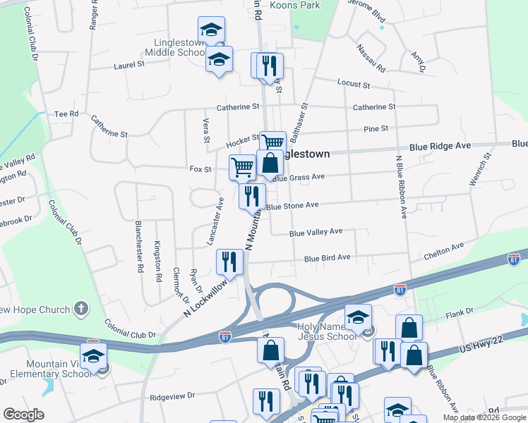 map of restaurants, bars, coffee shops, grocery stores, and more near 621 North Mountain Road in Harrisburg