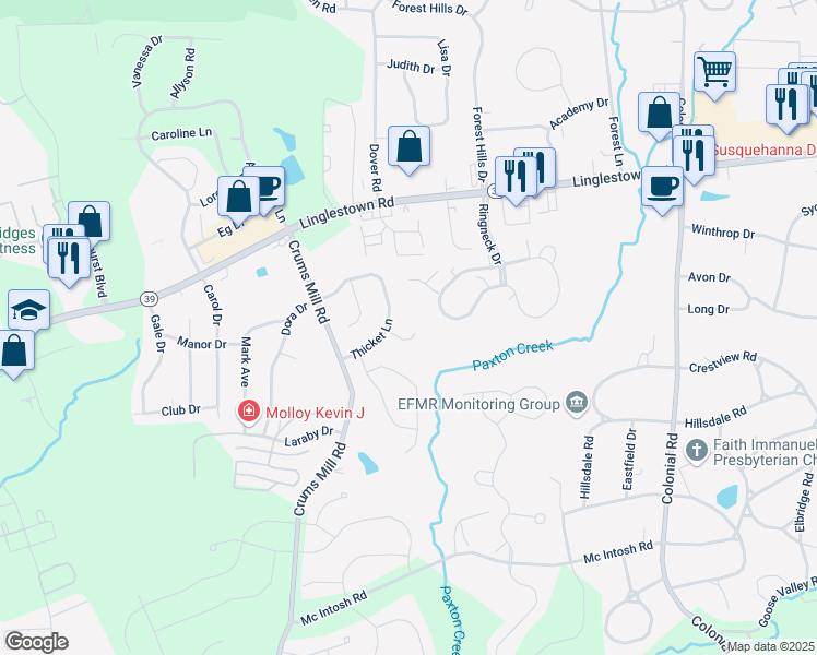 map of restaurants, bars, coffee shops, grocery stores, and more near 2023 Scott Meadow Court in Harrisburg