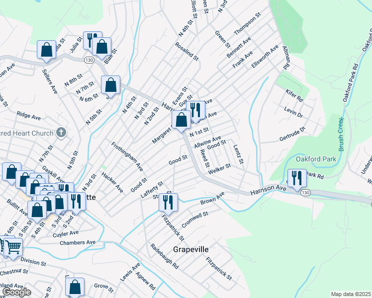 map of restaurants, bars, coffee shops, grocery stores, and more near 500 Harrison Avenue in Jeannette